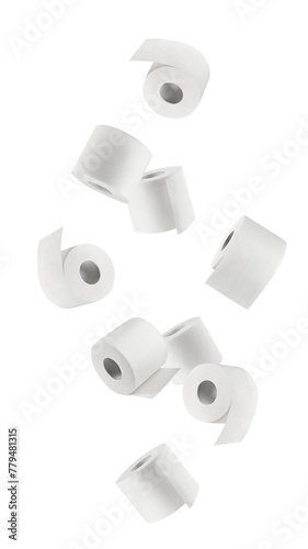Falling Toilet paper isolated on white background, full depth of field