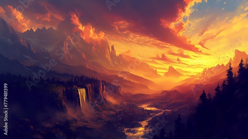 Fiery Mountain Majesty: Sunset's Splendor./n