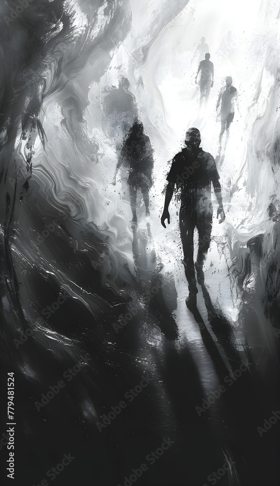 Obraz premium Dark shadows chasing people, representing mental health concept, depression, anxiety, and panic attacks.