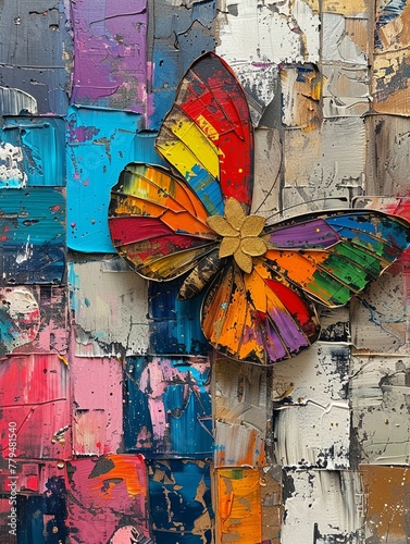 Vibrant abstract, oil petals and butterfly with gold accents, palette knife technique, reminiscent of ceramic street art