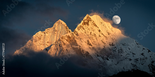 Nepal, Khumbu,Moon rising over Thamserku and Kangtega mountains photo