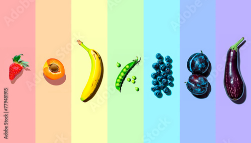 Collage with different types of fruits and vegetables. Pastel rainbow colours
