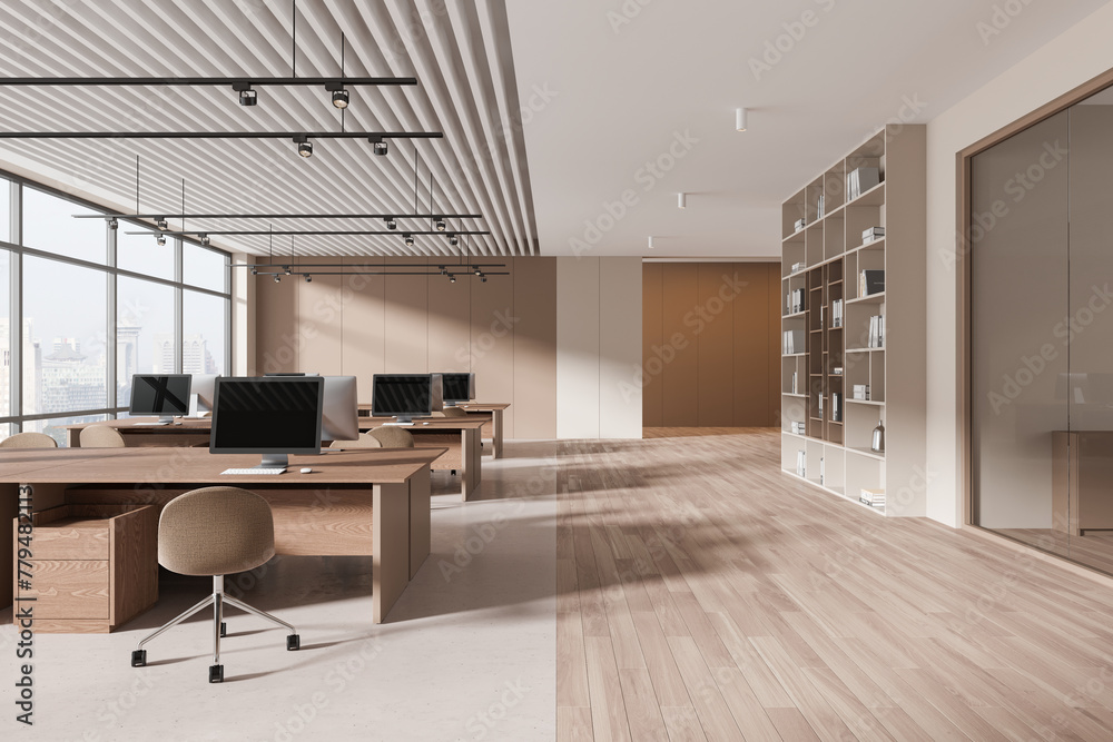 Naklejka premium Beige open space office interior with bookcase