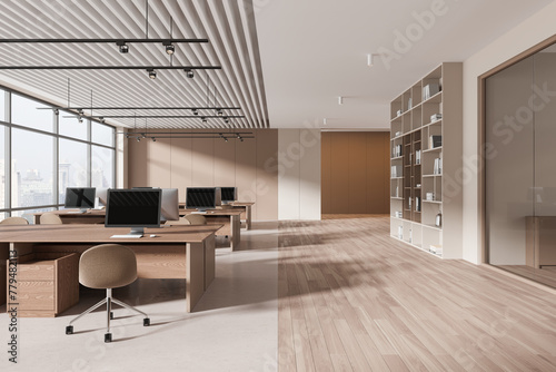 Beige open space office interior with bookcase