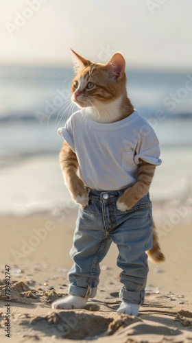 An outdoor portrait of a cute man cat with a film-worthy look wearing jeans and a white t-shirt on the beach  AI generated illustration © Olive Studio