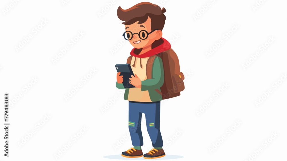 Little schoolboy with smartphone Flat vector isolated
