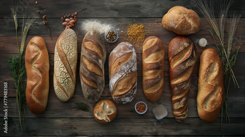 A collection of delicious breads and pastries arranged on the table, with wheat ears scattered around them.