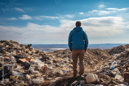 Man facing away towards a vast landfill. photo