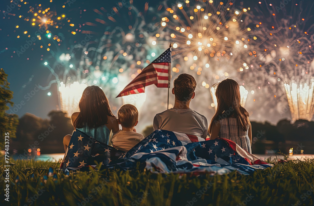 independence day (July 4th, in the us) A photo of the American flag waving in front, with fireworks illuminating the night sky behind during a family picnic for a heavy air show on a night at Lake independence day (July 4th, in the us) A photo of the American flag waving in front, with fireworks illuminating the night sky behind during a family picnic for a heavy air show on a night at Lake