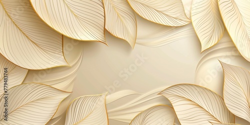 Luxurious cream wavy background with leaf intricate golden line elements.