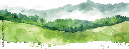 watercolor background landscape with forest and mountains