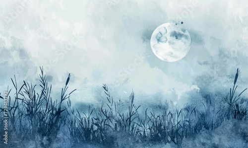 watercolor background misty night landscape