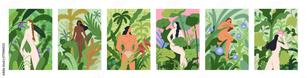 Characters in nature, posters set. People enjoying forest and jungle. Female and male nude bodies, human walking among leaf plants, flowers. Harmony, unity with environment. Flat vector illustration - obrazy, fototapety, plakaty 