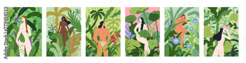Characters in nature, posters set. People enjoying forest and jungle. Female and male nude bodies, human walking among leaf plants, flowers. Harmony, unity with environment. Flat vector illustration