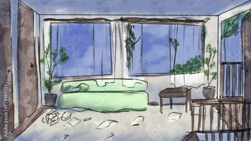 simple animation of rain outdoors with watercolor style, messy room paper on the floor photo