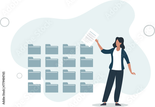 paperwork concept, businesswoman organize document file into archive folders.flat vector illustration