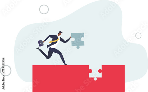 challenge and accomplishment concept, businessman complete last missing jigsaw puzzle piece.flat vector illustration