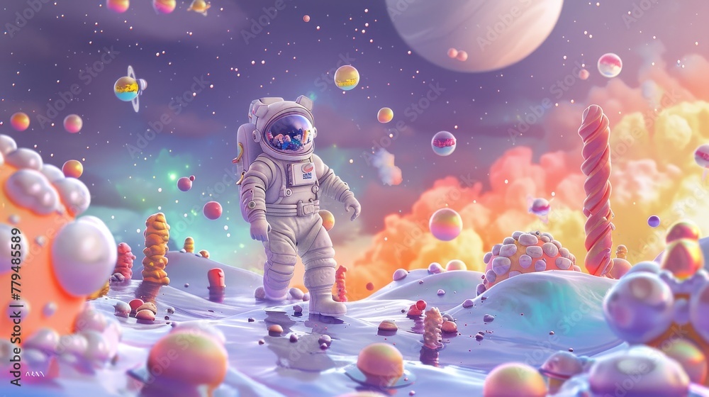 Naklejka premium CD creation of a whimsical space landscape with a cartoon astronaut AI generated illustration