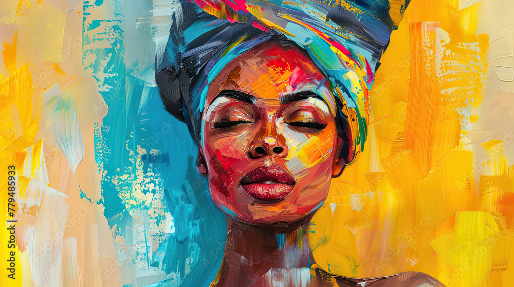 Abstract painting concept. Colorful art portrait of a black woman with modern turban