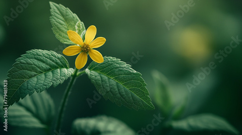 Macro photography a green leaf with a pale yellow flower in the background, in the style of time-lapse photography, dark yellow and light green, dansaekhwa, graceful balance, ue5, natural scenery, cha photo