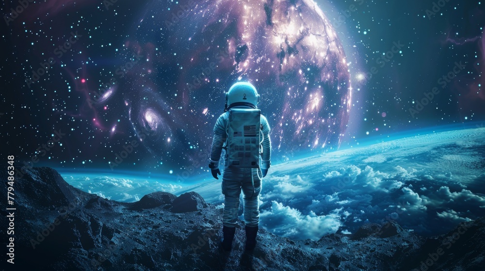 Cartoonish astronaut admiring the vastness of space  AI generated illustration