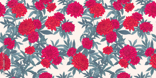 Artistic abstract tropical leaves branches and blooming red floral seamless pattern. Summer background with flowers dahlias, peonies, chrysanthemums, leaf stems. Vector hand drawn illustration.
