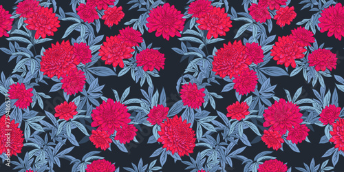 Colorful tropical leaves branches and booming red floral seamless pattern on a dark background. Artistic abstract flowers dahlias, peonies, chrysanthemums, leaf stems print. Vector drawn illustration