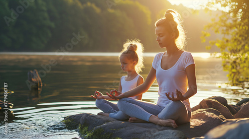 A woman and her daughter practice yoga on the river bank. The connection between mind and body photo