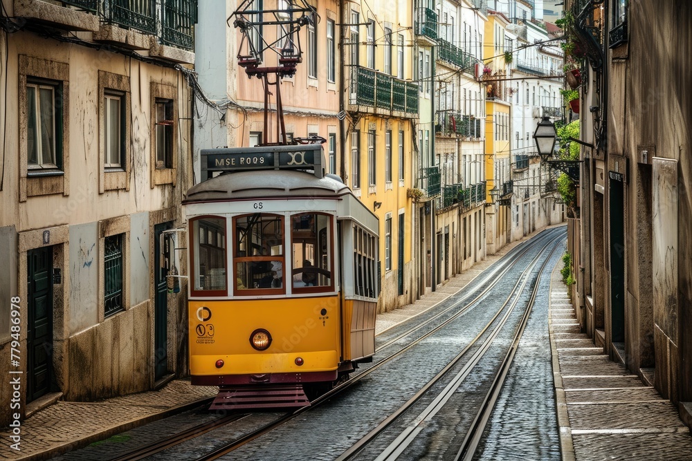 Characterful old trams on a steep, narrow street , AI generated