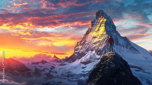 A mountaineer reaching the summit of a snow-capped peak at sunrise a metaphor for achieving ones highest goals photo