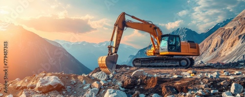 Excavator loads heavy stone at rocks construction site. banner photo