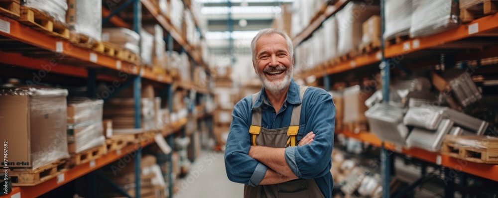 Middle aged man portrait in a warehouse with shelves in blur background. banner. Middle aged man portrait in a warehouse with shelves in blur background. banner.