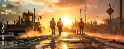 road construction workers in golden hour in sunset light. road machinery theme