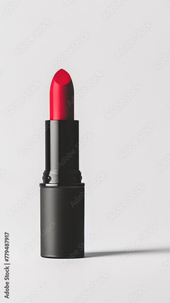 Vibrant red lipstick in a sleek black tube stands out against a stark white background. Vibrant red lipstick in a sleek black tube stands out against a stark white background.