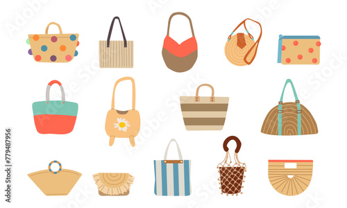 Different beach bags for women vector illustrations set. Collection of cartoon drawings with woven bags for vacation or holiday isolated on white background. Fashion, accessories, summer concept © irina