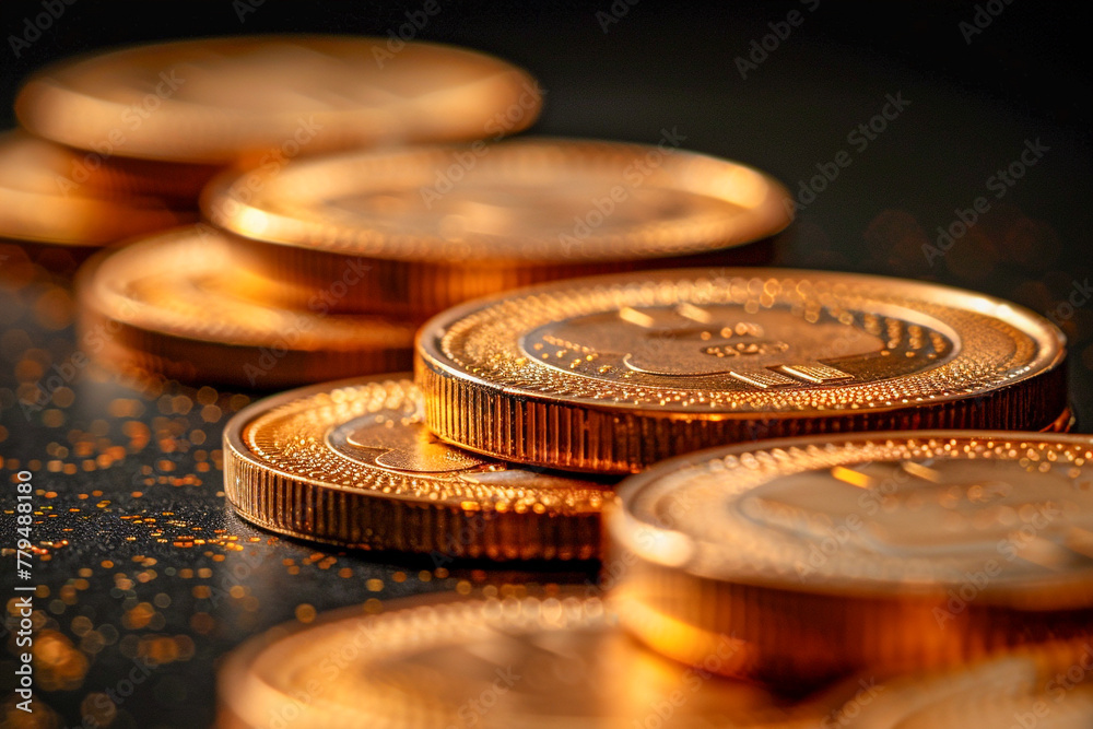 Multiple stacks of shiny gold coins on a surface with a warm background Multiple stacks of shiny gold coins on a surface with a warm background