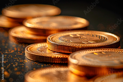 Multiple stacks of shiny gold coins on a surface with a warm background