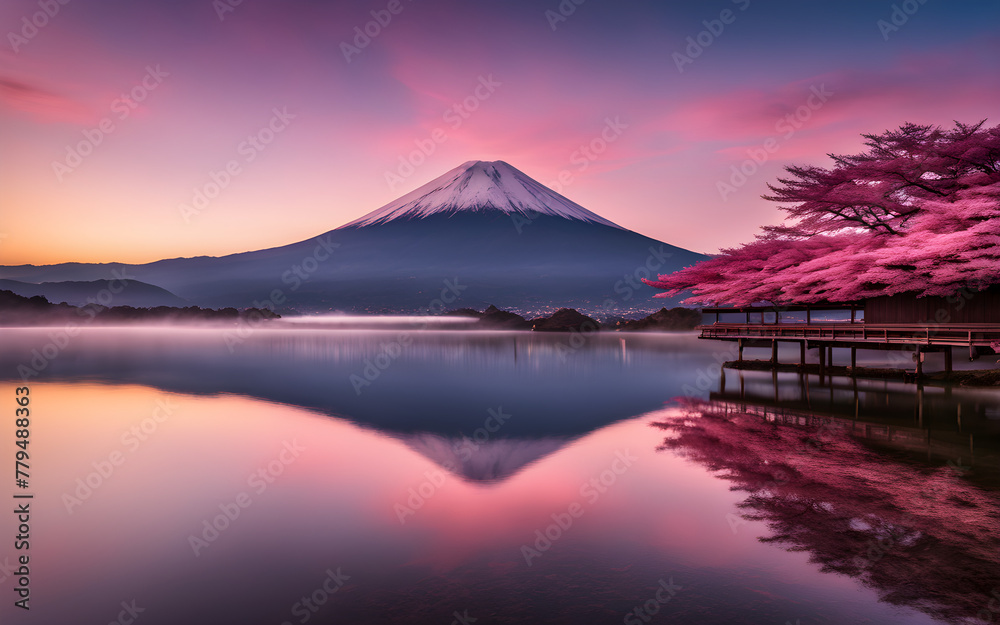 Misty Mount Fuji at dawn, pink skies, iconic silhouette reflected in Lake Kawaguchi