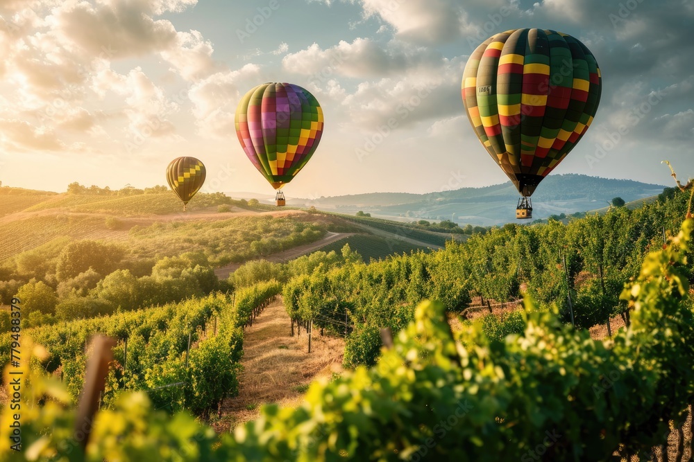 Fototapeta premium Air balloons, Colorful hot air balloons flying over picturesque vineyards, AI generated