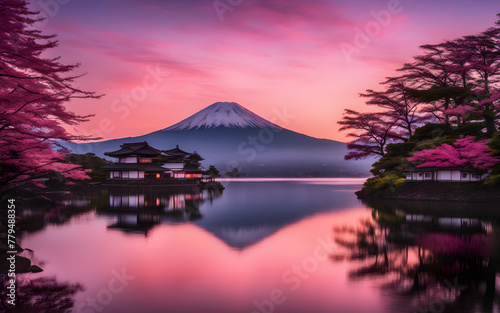 Misty Mount Fuji at dawn  pink skies  iconic silhouette reflected in Lake Kawaguchi