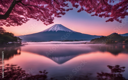 Misty Mount Fuji at dawn  pink skies  iconic silhouette reflected in Lake Kawaguchi