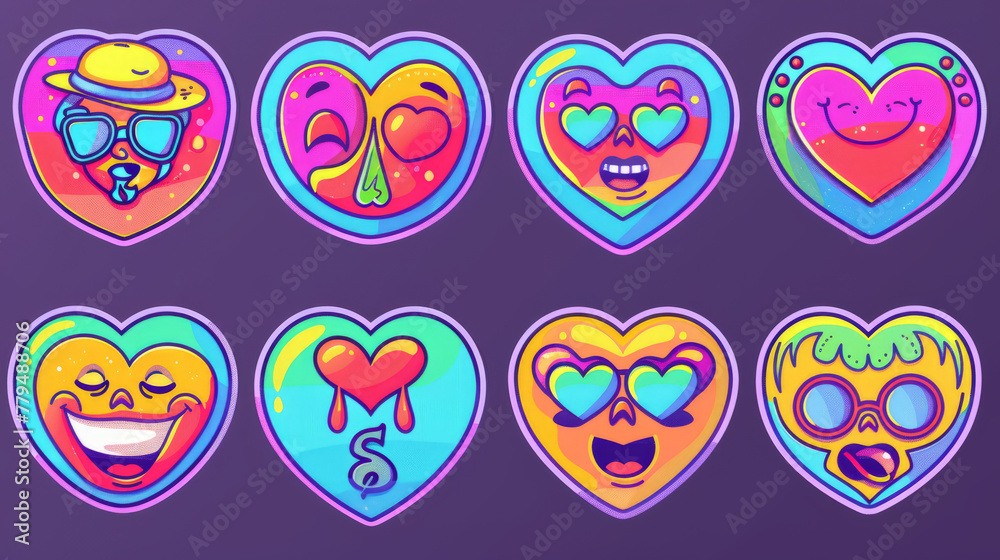Groovy hippie love sticker set. Heart funny cartoon character different pose. Happy valentine's day concept. Trendy retro 60s 70s style emoji. Vector illustration.