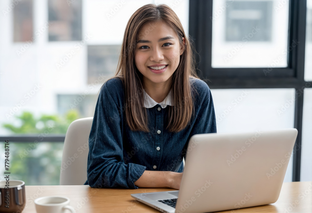 Smiling Businesswoman in Modern Startup Office with Laptop Smiling Businesswoman in Modern Startup Office with Laptop