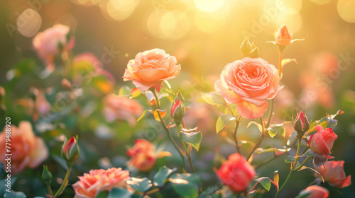 Tranquil scene of roses blooming in a garden, with the soft light of dawn in spring.