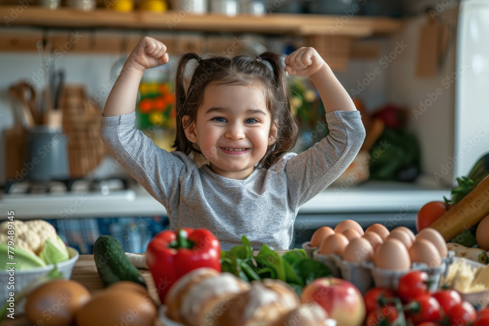 A young girl is smiling and holding her arms up in the air while standing in front of a table full of vegetables A young girl is smiling and holding her arms up in the air while standing in front of a table full of vegetables