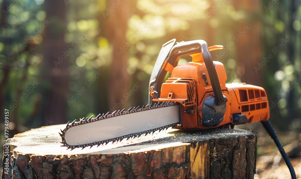 chainsaw on a stump, depicting deforestation, forestry work or tree-cutting activities and equipment usage chainsaw on a stump, depicting deforestation, forestry work or tree-cutting activities and equipment usage