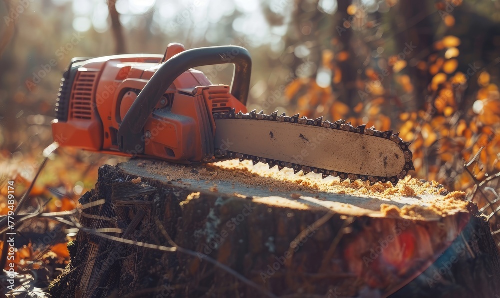 chainsaw on a stump, depicting deforestation, forestry work or tree-cutting activities and equipment usage