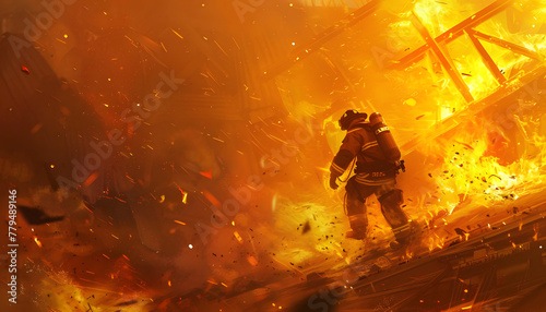 Icon of a firefighter rushing to extinguish a blazing fire when suddenly a portion of the buildin Generative AI photo