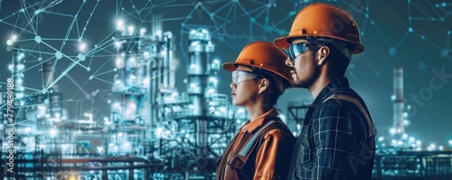 Two industrial workers in safety gear overlook a modern factory with connectivity and technology concepts