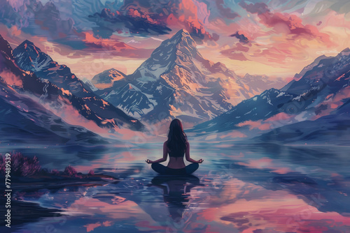 Serene image of a woman in a yoga pose, peacefully meditating with a majestic mountain range in the background, tranquility and harmony with nature. photo